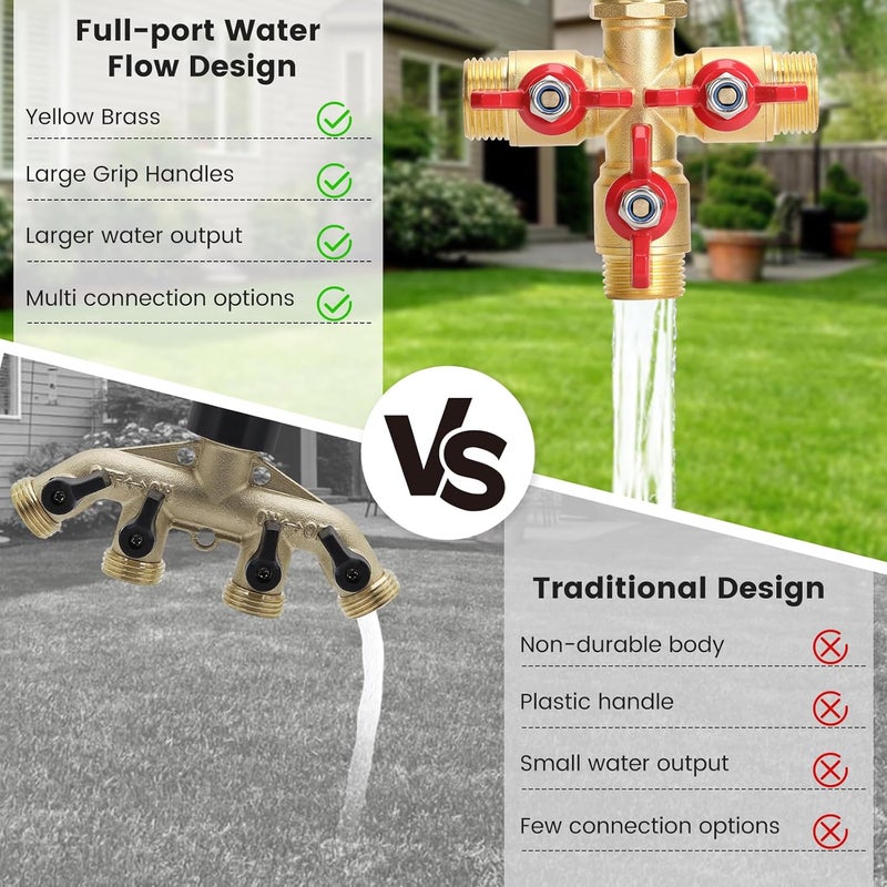 Finest Garden Hose Splitter 3 Way, Heavy Duty 3-Way Brass Valve Garden Hose Splitter With Stainless Steel Long Handle, Full Flow Hose Splitter Connector, Valve 3/4 Inch GHT Thread - Image 3